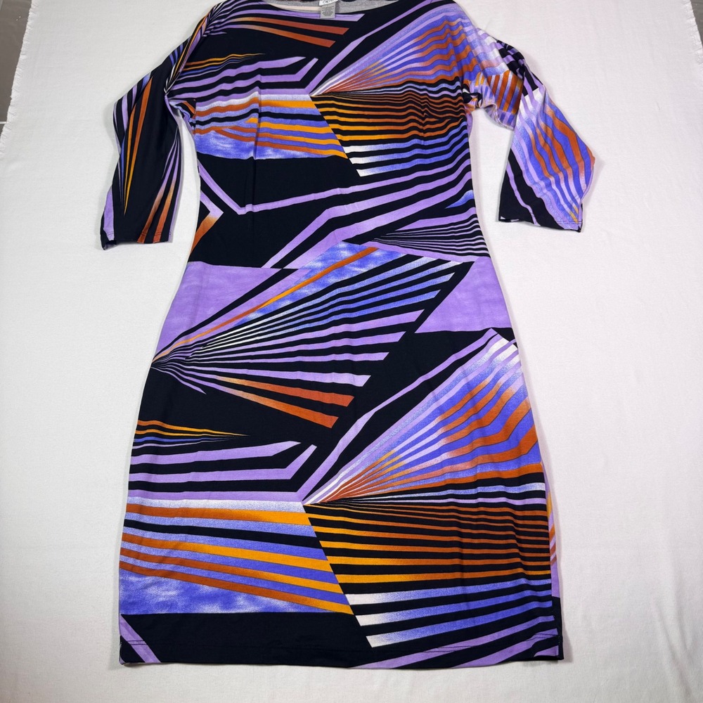 Cache Sheath Dress Large Purple Orange Black Geometric Sunburst 3/4 Sleeve Midi - Picture 5 of 11